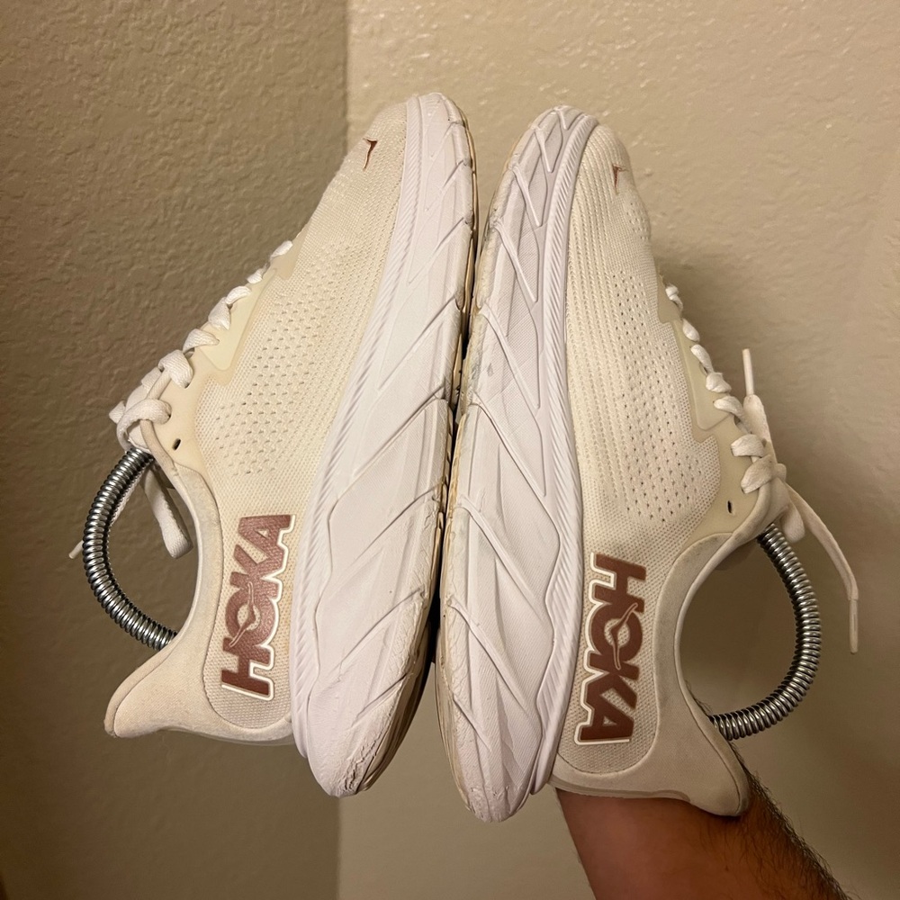 Hoka Women's Cream White Athletic Running Shoes with Brown Logo - Picture 2 of 6